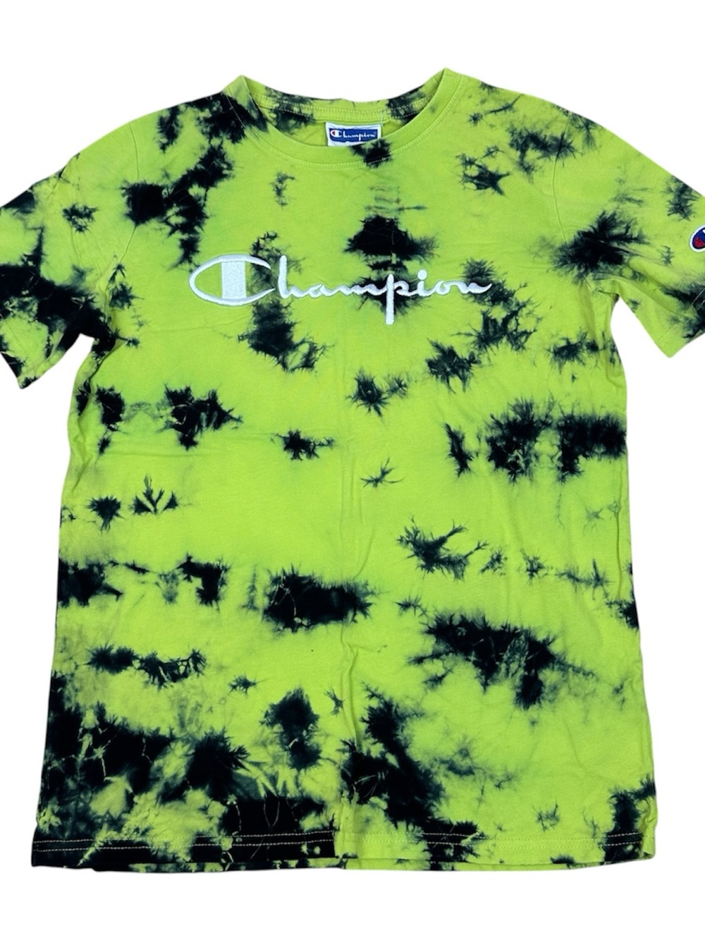 Champion Kids Lime Green and Black Tie-Dye Script Logo Tee